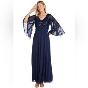 R&M Richards Long Fleur De Lis Sequin Bodice Dress with Cape Sleeves